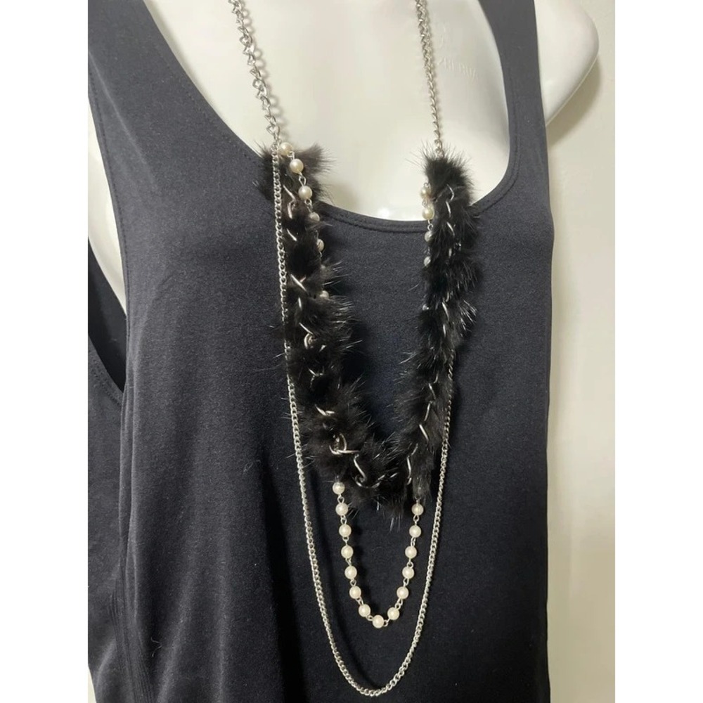 Black Faux Fur Long Triple Strand Statement Necklace Y2K Goth